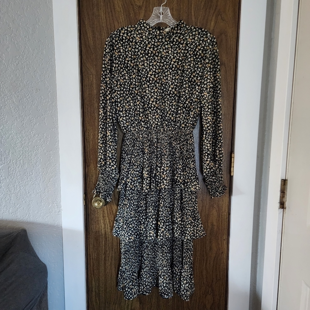 Pursue Mock Neck Midi Floral Print Tiered Dress Size Medium